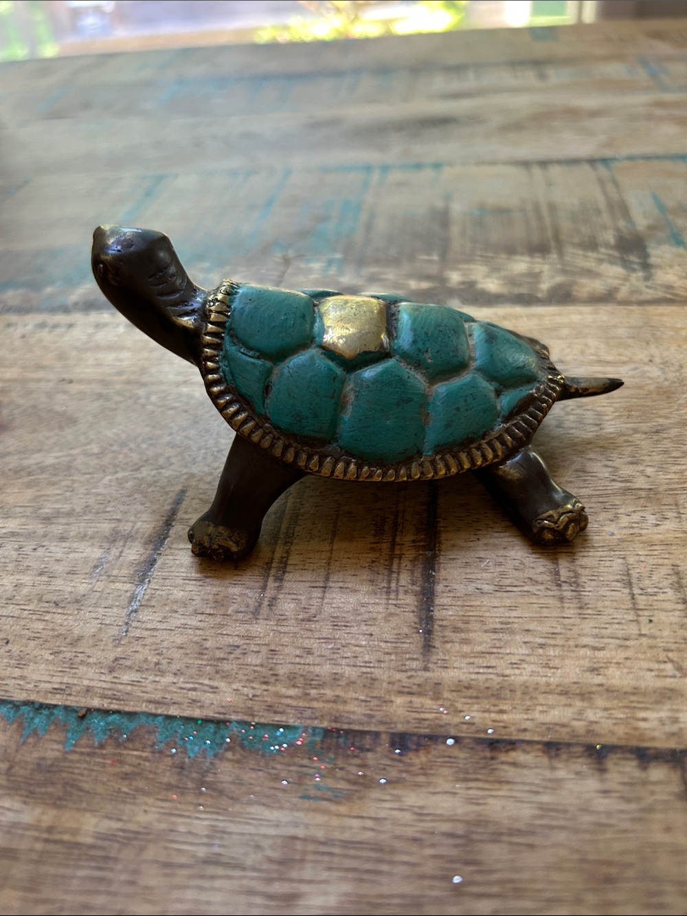 Brass Turtle Figurine with Turquoise Shell